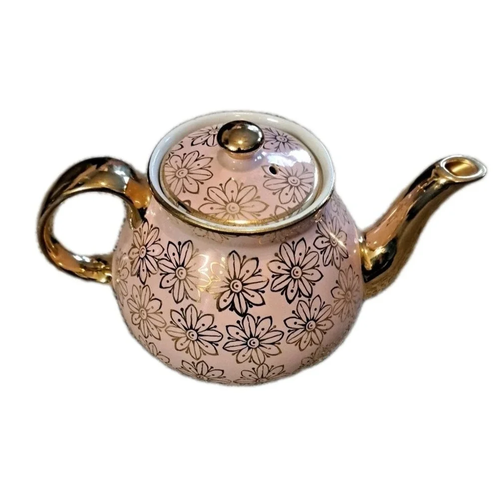 Hall China Pink Gold Label New York Flower Teapot Tea Pot 6 Cup Mid Century‎ USA